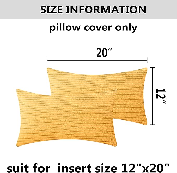 Home Brilliant 12 x 20 Spring Pillow Covers Set of 2 Plush Striped Corduroy Velvet Rectangular Throw Pillow Covers for Chair Couch Decor Lumbar Pillows, 12 x 20 inch, Sunflower Yellow