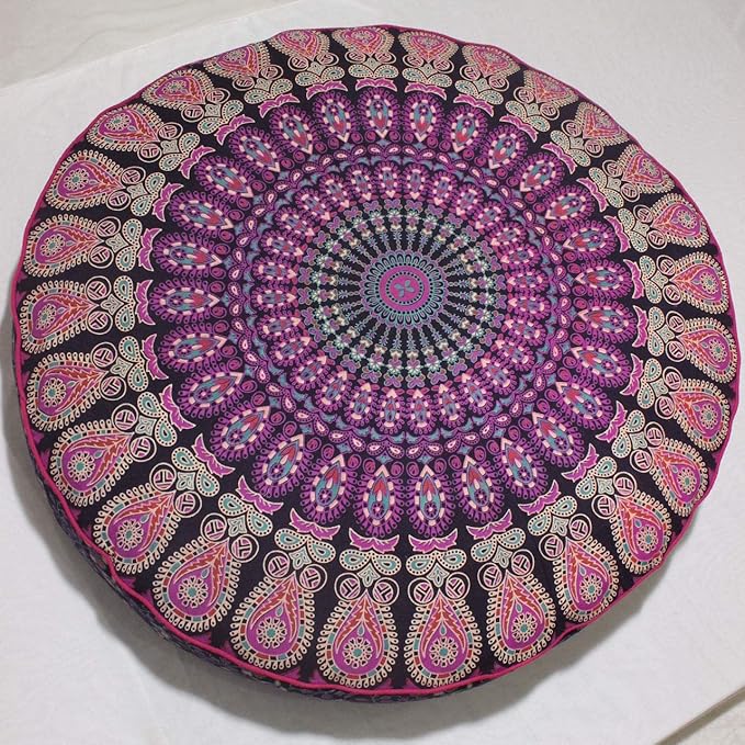 Indian Mandala Cotton Handmade Round Floor Pillow Comfortable Car Bed Sofa Decor Large Round Cushion Cover Bohemian Meditation Pillow Case Ottoman Pouf Cover Pet Dog Bed