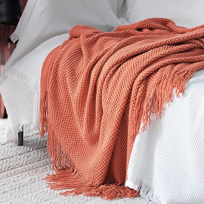 LOMAO Knitted Throw Blanket with Tassels Bubble Textured Lightweight Throws for Couch Cover Home Decor (Coral, 60x80)
