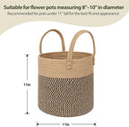 Round Wicker Basket with Handle, 11" Woven Jute Plant Basket for 10" Pot, Indoor Boho Tree Planter, Decorative Flower Pot Cover, Rustic Holder for Plants, Shoe Bin for Entryway, Black Stripes
