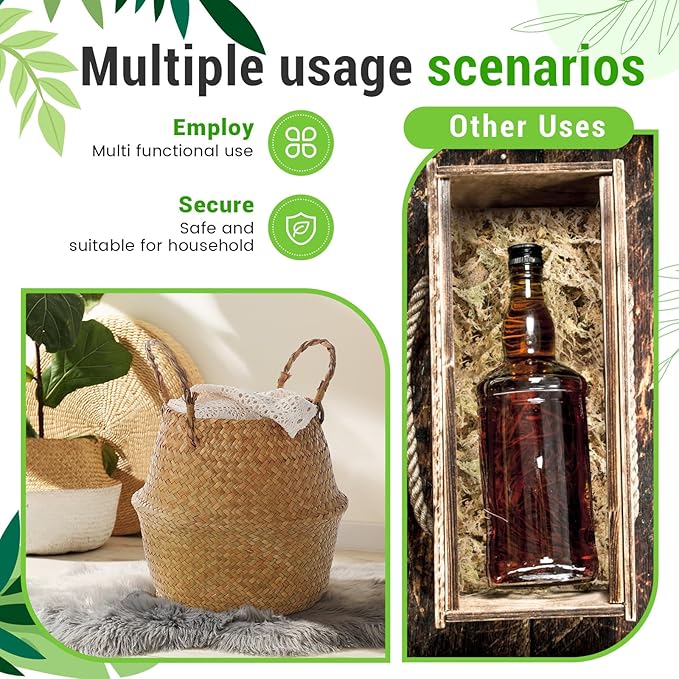 Large Wicker Plant Basket with Handle 10 Inch Woven Seagrass Belly Basket and Artificial Moss for House Plants Picnic Grocery Laundry Storage Home Decor(Small, Medium, Large,Original,3 Pack)
