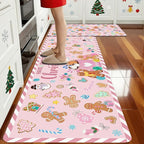 Gingerbread Man Candy Cane Christmas Rugs for Kitchen Floor, Mats for Kitchen Floor Non Slip, 2PCS Rubber Kitchen Mat, Washable Cushioned Runner Carpet Rug for Sink Laundry 15.7"×27.5" +15.7"×47" Pink
