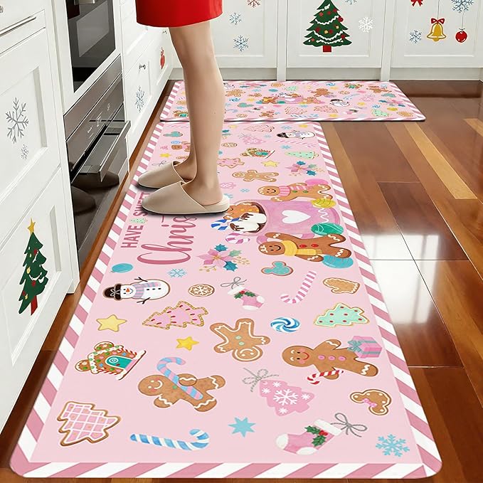 Gingerbread Man Candy Cane Christmas Rugs for Kitchen Floor, Mats for Kitchen Floor Non Slip, 2PCS Rubber Kitchen Mat, Washable Cushioned Runner Carpet Rug for Sink Laundry 15.7"×27.5" +15.7"×47" Pink