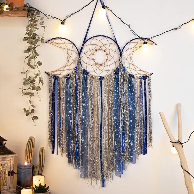 ANROYE Blue Triple Moon Goddess Macrame Wall Hanging, Boho Wiccan Crescent Dream Catcher, Bohemian Dreamcatcher Art for Women, Hippie Woven Pagan Tapestry Decor for Bedroom Decoration