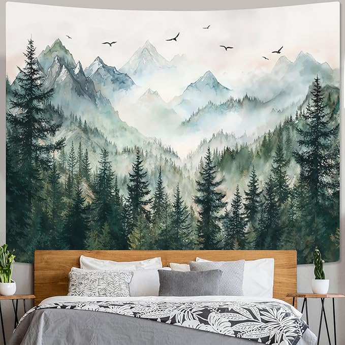 Zussun Misty Forest Mountain Tapestry Sage Green Nature Pine Tree Tapestry for Bedroom Aesthetic Watercolor Foggy Woodlands Birds Landscape Tapestries Wall Hanging for Living Room Dorm 60 x 44 Inch
