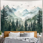 Zussun Misty Forest Mountain Tapestry Sage Green Nature Pine Tree Tapestry for Bedroom Aesthetic Watercolor Foggy Woodlands Birds Landscape Tapestries Wall Hanging for Living Room Dorm 80 x 60 Inch