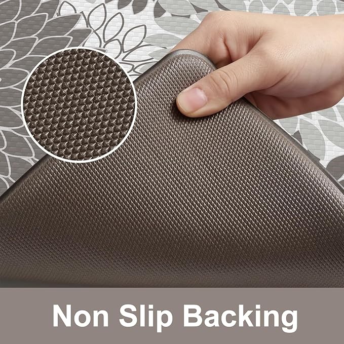 Anti Fatigue Kitchen Mats,Non Slip Boho Dahlia Kitchen Rugs Sets 2 Piece, Waterproof Farmhouse Kitchen Mat for Floor,Cushioned Standing Mat for Office,Laundry,Sink,Desk,Grey