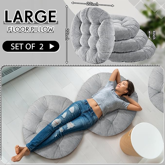 Jerify Floor Pillow Cushions Large Round Square Large Meditation Floor Pillow for Classroom Adult Meditation Picnic Party Seating Learning Daycare School(Round,Light Gray,2 Pcs)
