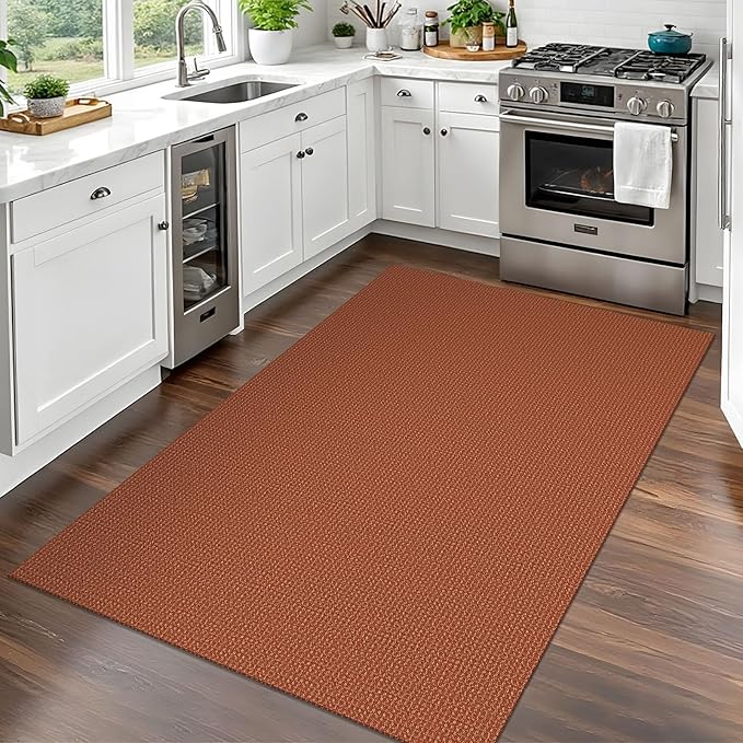 EARTHALL Woven Area Rug 3x5 Ft Washable Rugs for Entryway Braided Non Slip Rubber Backed Throw Rugs Door Mat Indoor Outdoor Entrance Cotton Carpet for Kitchen Foyer Front Door, Rustic Orange/Tan