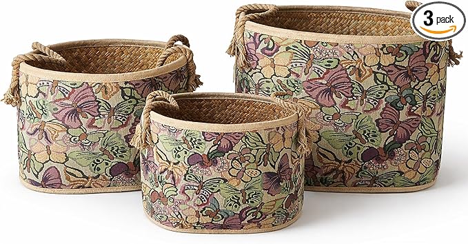 Set of 3 Handwoven Sedge Grass Baskets with Floral & Butterfly Brocade Cover – Decorative Woven Storage Baskets for Laundry, Toys & Blankets – Natural Wicker Hampers for Home & Bedroom Decor