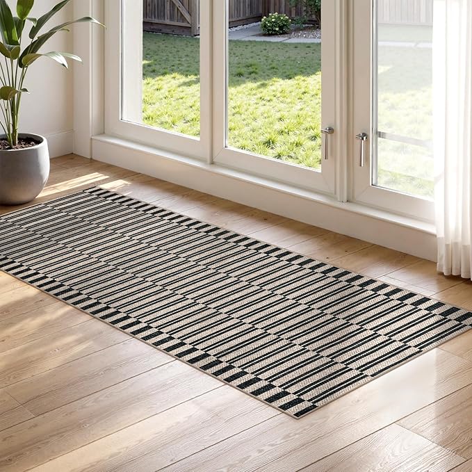 Lahome Elance Striped Easy Jute Entryway Runner, 2x6 Kitchen Mats for Floor Black Rug Runners for Hallways Non Slip Indoor Outdoor Carpet, Farmhouse Non Shedding Carpet for Laundry Porch Corridor