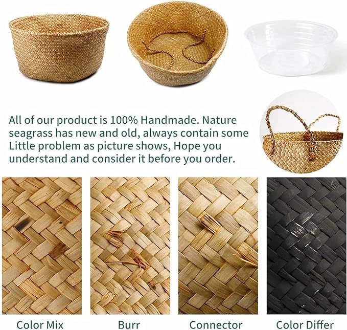 2 Pack Hand Woven Seagrass Plant Basket for Succulents,Boho Belly Plant Basket Home Storage Basket Extra Large Woven Straw Beach Bag Seagrass Flower Plant Container Modern Home Decor(Brown)