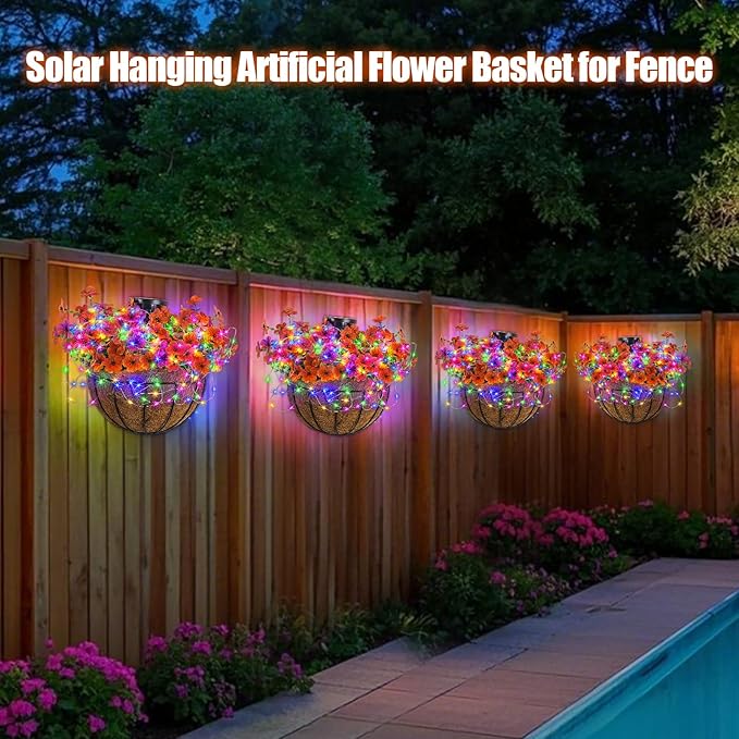 GOESWELL Outdoor Fall Basket with Artificial Flowers: 10 Inch Solar Hanging Faux Silk Flower Basket with String Lights for Porch Patio Wall Tree Decor - Autumn Home Garden Decor for Outdoor
