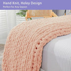 Bigacogo Chunky Knit Throw Blanket for Couch, 51x63 inches, 100% Hand Knitted with Thick Jumbo Chenille Yarn, Cozy Soft Large Rope Knot Cable Crochet Blankets for Sofa Bed Living Room, Peach Fuzz