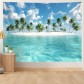 AOHMPT Ocean Tapestry, Beach Evening Sunset Tapestry, Natural Beach Palm Tree Landscape Tapestries Poster, Seaside Landscape Wall Hanging for Bedroom, Dorm Room and Living Room Wall Decor 79" L x 59" W