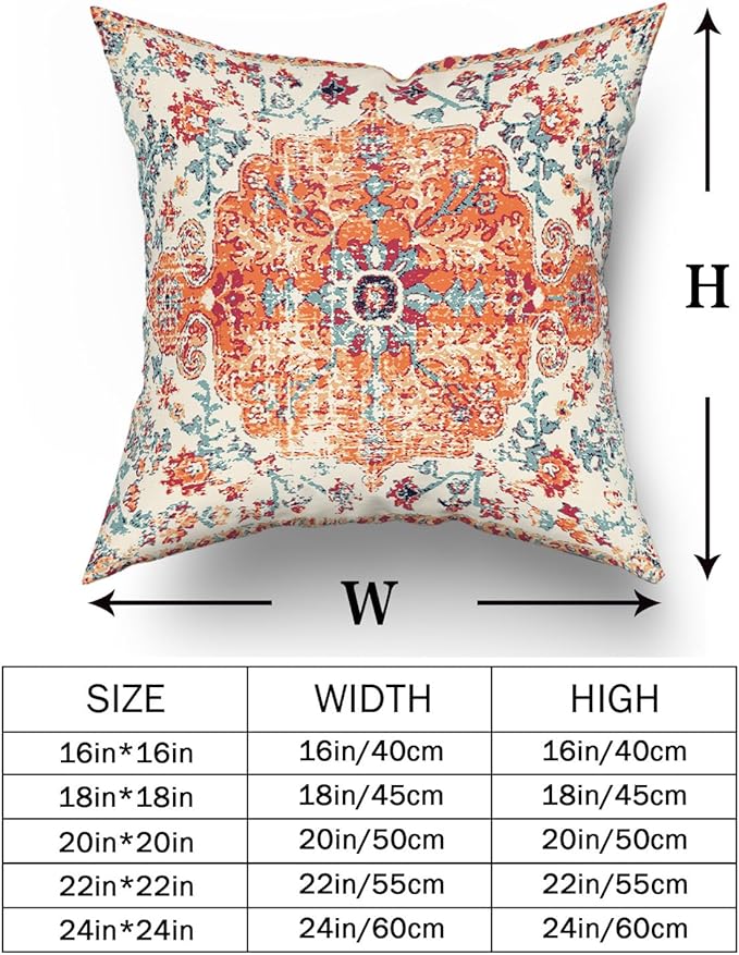 Orange Blue Ethnic Boho Throw Pillow Covers 24x24 Inch Decorative Bohemian Carpet Vintage Rust Coral Floral Pillow Cases Rustic Rug Cushion Covers Farmhouse Home Decor For Sofa Couch Outdoor Set of 2