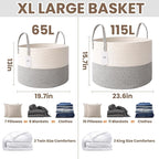 115L Extra Large Blanket Basket for Living Room - Woven Cotton Rope Laundry Hamper with Reinforced Handles - Storage Bin for Pillows, Comforters & Toys - Machine Washable,White&Grey