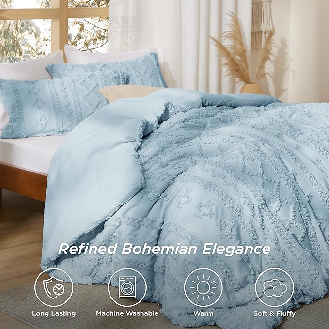 Bedsure Tufted Boho Comforter Set Queen Size - Light Blue Boho Bed Set, GentleSoft™ 3 Pieces Farmhouse Shabby Chic Embroidery Bedding, Gifts for Woman, Soft Jacquard Queen Comforter for All Seasons