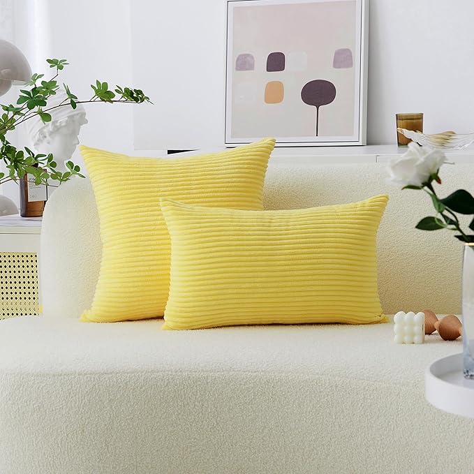 Home Brilliant Yellow Pillow Covers Striped Velvet Corduroy 2 Pack Decorative Throw Pillow Covers for Couch Sofa Bed Winter Decor, 18x18 inch, Sundress