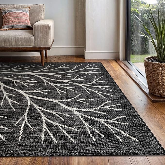 Washable Indoor Outdoor Rug 6x9 Modern Area Rugs Branch Pattern Non Shedding Waterproof Easy Clean Patio Deck Porch Living Room Bedroom Garden RV (6 X 9 Dark Gray)