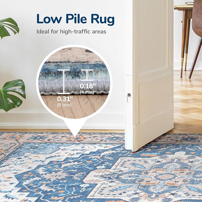 Lessymo Area Rugs 9x12 Living Room, Large Area Rug Machine Washable Area Rug for Bedroom Living Room, Vintage Rugs Boho Floral Medallion, Non-Slip Rubber, Low Pile, Kid & Pet Friendly, Blue Brown
