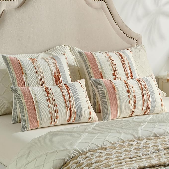 FUTEI Rust Beige Decorative Throw Pillow Covers 12x20 Inch Set of 2, Soft Tufted Striped Textured Accent Pillow Case,Boho Pillows for Couch Decor