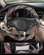 SEG Direct Boho Steering Wheel Cover with Baja Blanket Cloth, Ethnic Style Auto Wheel Cover Made of Coarse Flax, Fits 14 1/2-15 1/4 inches Car Wheel