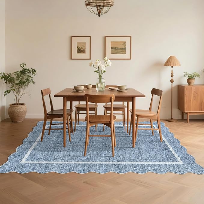 GarveeHome Scalloped Large Living Room Area Rug 6x9 - Machine Washable Modern Rugs Bordered Neutral Rug Non-Shedding Low Pile Farmhouse Carpet for Bedroom Nursery Classroom Dorm 6 ft x9 ft Blue