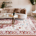 Amearea Vintage Design Area Rugs for Living Room, 5x8 Machine Washable Floral Collection Traditional Bedroom Rug, Low Pile Cute Kids Room Print Carpet, No Slip Office Kitchen Home Decor, Red