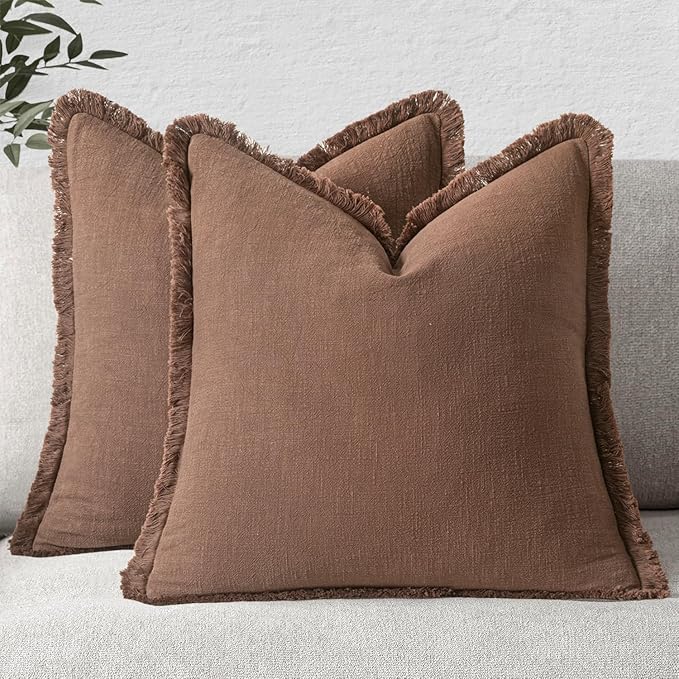 MIULEE Decorative Throw Pillow Covers Neutral Linen Fringe Throw Pillows Euro Shams Set of 2 Dark Coffee Boho Farmhouse Cushion Covers for Couch Sofa Bed Living Room Spring Home Decor 26x26 Inch