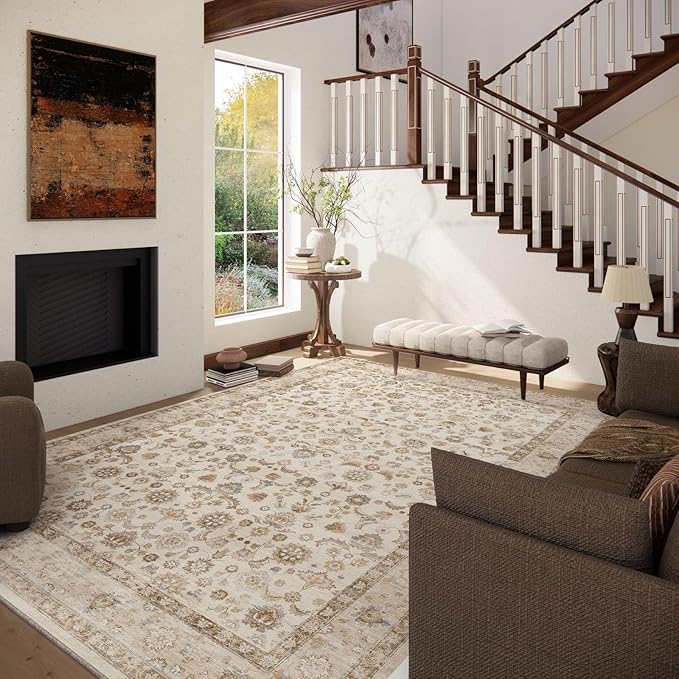 Washable Area Rugs for Living Room: 6x9 Bedroom Rug Boho Vintage Area Rug Stain Resistant Non Slip Low Pile Lightweight Soft Carpets for Dining Room Kitchen Nursery Kids Room Playroom Home Office