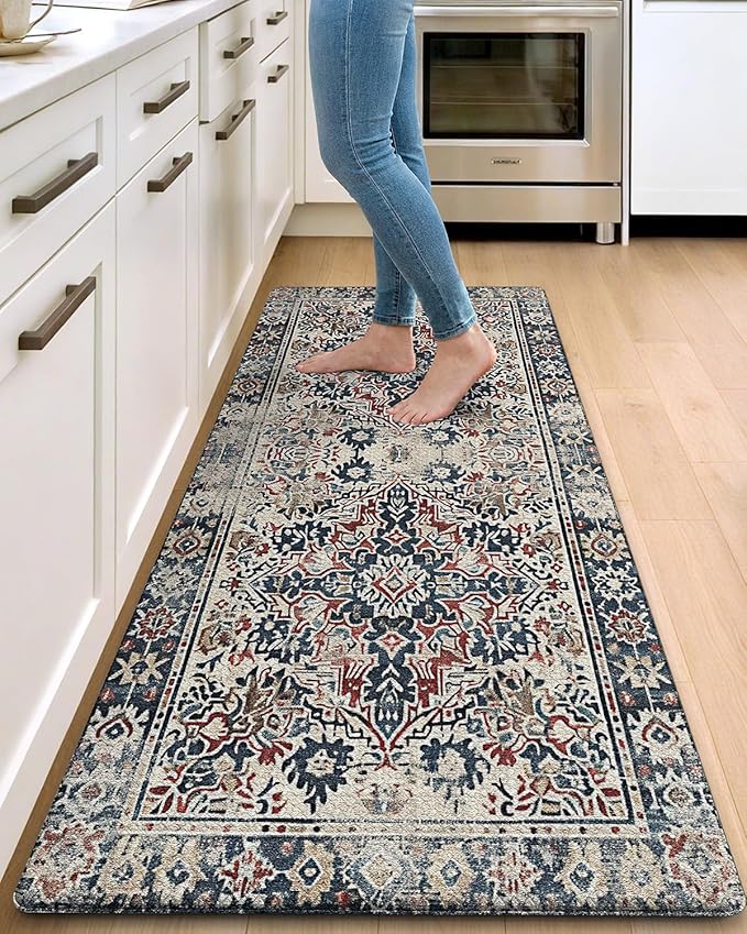 DEXI Kitchen Mats for Floor Cushioned, 23x59 Wide Runner Rug Non Slip, Waterproof Soft Comfort Standing Padded Anti Fatigue Decorative, Blue Red