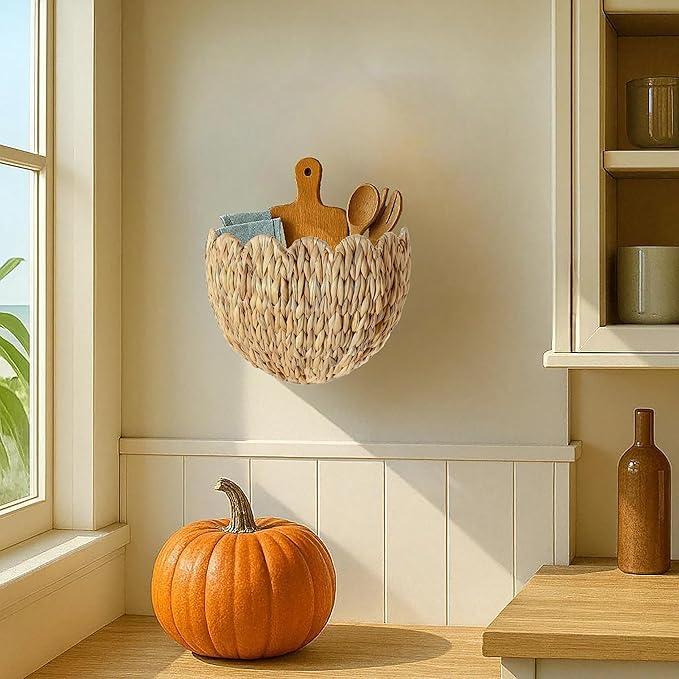 Scalloped Hanging Wicker Baskets for Wall, Scalloped Home Decor, Hanging Woven Rattan Wall Basket for Flowers Front Door Bathroom Storage (Water Hyacinth 1PC)