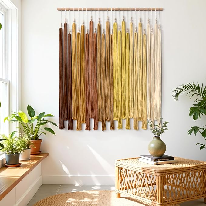 KHOYIME Macrame Wall Hanging Large Boho Home Decor Aesthetic, Bohemian Yellow Tassels Tapestry Modern Handmade Artwork Chic Wall Art Decorations for Dining Living Room Bedroom Nursery Office 38.5"x43"