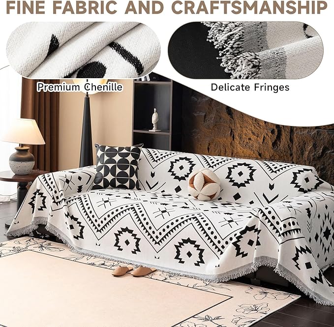 VClife Bohemian Sofa Cover Extra Large Couch Cover for 3-4 Cushion Couch Sofa, Black and White Aztec Geometric Chenille Sofa Slipcover for Home Decor 71" X 150"
