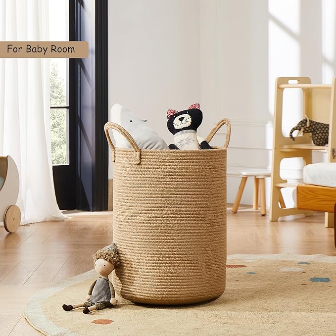 60L Jute Woven Hamper Laundry Basket Wicker Rope Clothes Hamper for Baby Nursery Kids Tall Rattan Blanket Basket in Living Room Bedroom 15Dx20H inches