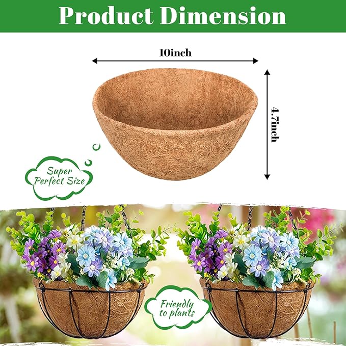 Riare 4 Pack 10 Inch Round Coco Liners Replacement, 100% Natural Coconut Coir Liners for Hanging Baskets, Garden Flower Vegetables Planter Pot, Window Box, Fence, Decks