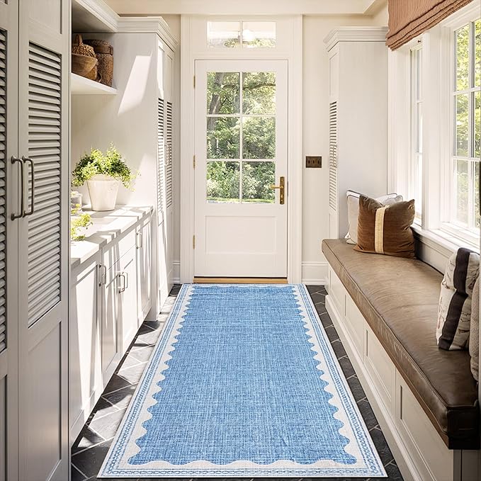 GarveeHome 2.5x8 Runner Rug for Hallway Washable Kitchen Rugs Non Slip Solid Blue Modern Minimalism Soft Low-Pile Scalloped Indoor Carpet for Entryway Laundry Room Floor Mats
