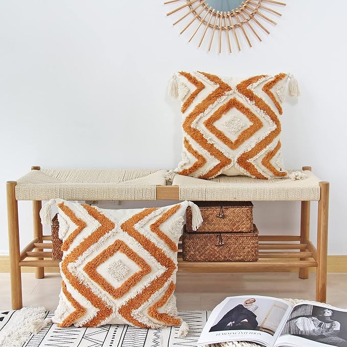 JOJUSIS Boho Throw Pillow Covers with Handmade Tassels Decorative Woven Tufted Orange Pillowcase for Couch Bedroom 18 x 18 Inch Orange B