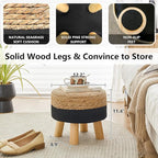 Round Ottoman Natural Seagrass Footstool, Foot Stool with 4 Wood Legs, Hand Woven Round Footstool, Sofa Stool, Multifunctional Modern Dressing Stool, Sofa Side Table for Bedroom (Black)