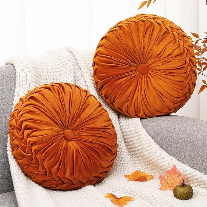 2 Pcs Round Throw Pillows 15 Inch Decorative Velvet Pleated Pumpkin Pillows Boho Floor Pillow with Center Button for Living Room Couch Chair Bed Sofa Home Decoration (Orange)