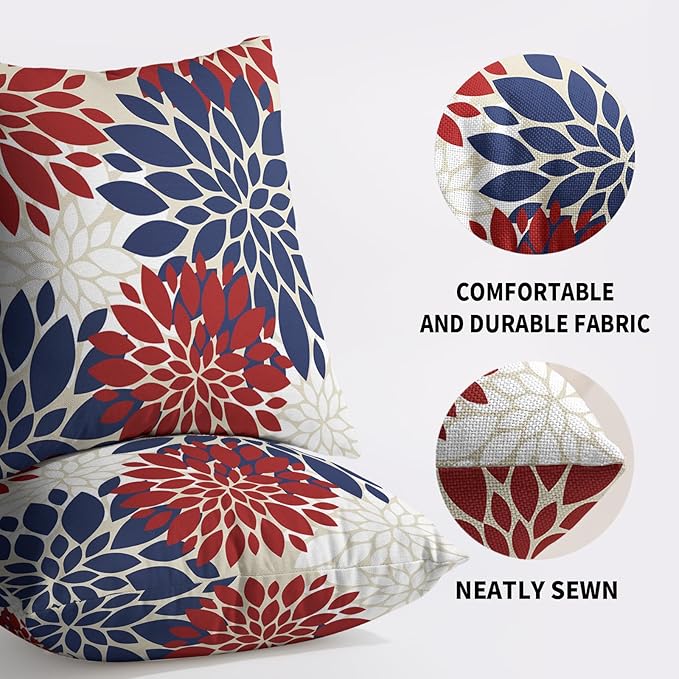 4th of July Blue Red White Pillow Covers 16X16 Inch Set of 2, Modern Geometry Dahlia Floral Print Holiday Decorative Throw Pillow Covers Outdoor Farmhouse Cushion Case for Couch Sofa Bed Decor