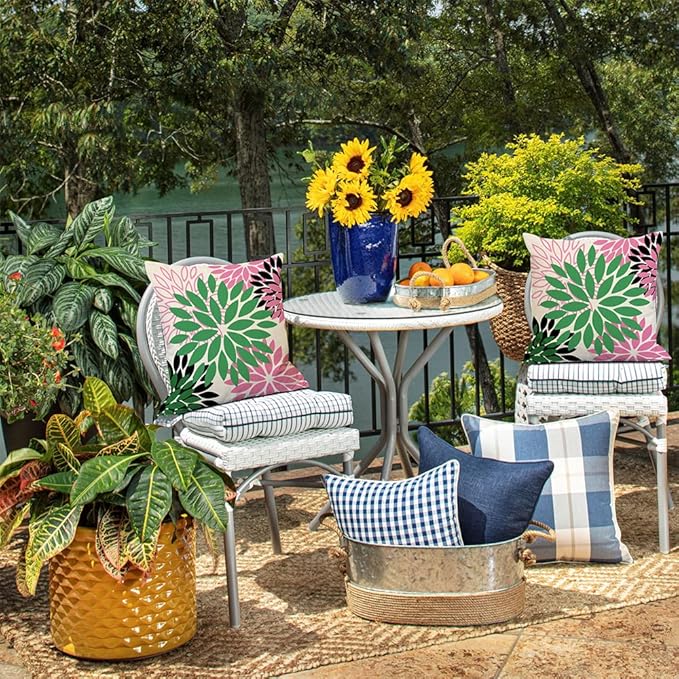 DFXSZ Green Pink Black Flower Pillow Covers 18x18 Inch Set of 2 Outdoor Throw Pillows Outdoor Waterproof Decor for Living Room Sofa Patio Funiture Garden Floral Polyester Pillow Covers 012B18