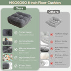 HIGOGOGO 8" Extra Thick Floor Pillow Cushion for Adults, Meditation Cushion Pillow, Large Square Floor Sitting, Tufted Corduroy Cover, for Tatami Living Room or Yoga, 22x22 Inch, Dark Grey