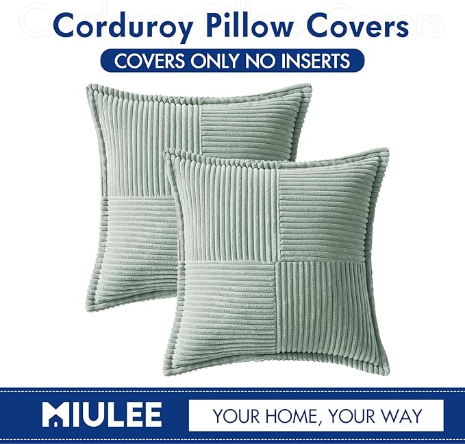MIULEE Spring Decorative Throw Pillow Covers for Couch Bed Livingroom 20x20 Inch Set of 2 Greyish Green Boho Accent Throw Pllows Broadside Striped Patchwork Soft Corduroy Summer Pillowcases