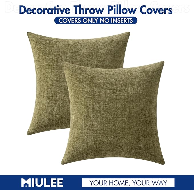 MIULEE Pack of 2 Couch Throw Pillow Covers 20x20 Inch Soft Olive Green Chenille Pillow Covers for Sofa Living Room Solid Dyed Pillow Cases