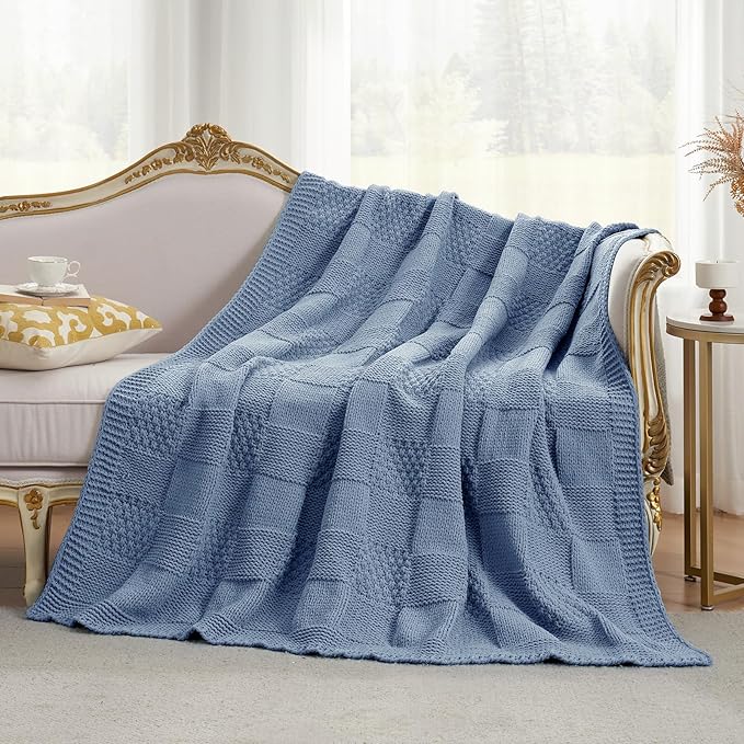 Amélie Home Checkered Chenille Knit Throw Blanket for Couch, Classic Texture Decorative Soft Blanket for Sofa, Chair & Bedroom, 50"x60", Washing Blue