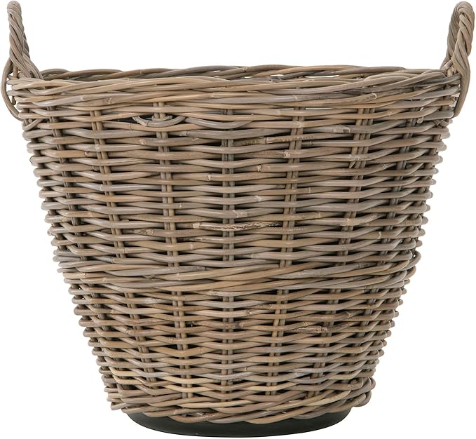 Kouboo Round Rattan Planter Basket with Handles - 11 Gallon Plastic Pot Liner with Drain Holes Included - No Saucer - Indoor and Outdoor Use