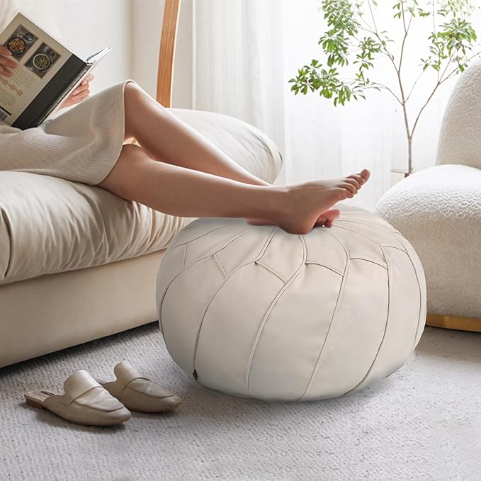 Thgonwid Round Unstuffed Pouf Cover, Leather Foot Stool Ottoman with Storage, Bean Bag Floor Chair, Multi Functional Footrest for Living Room, Bedroom or Balcony (Ivory)