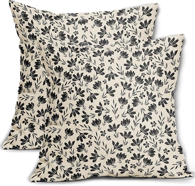 Black Floral Pillow Covers 24x24 Set of 2 Vintage Rustic Old Style Cute Small FlowerBlack Cream Print Decorative Outdoor Pillowcases Farmhouse Throw Cushion Case Decor for Couch Sofa Bed